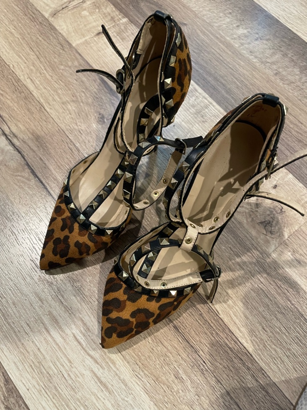 Wild Diva Leopard Print Studded Pointed-Toe Ankle Strap Pumps - Brown